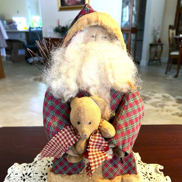 Alta's Heirlooms Handmade Santa with Teddy Bear Primitive Folk Art - Picture 2 of 6